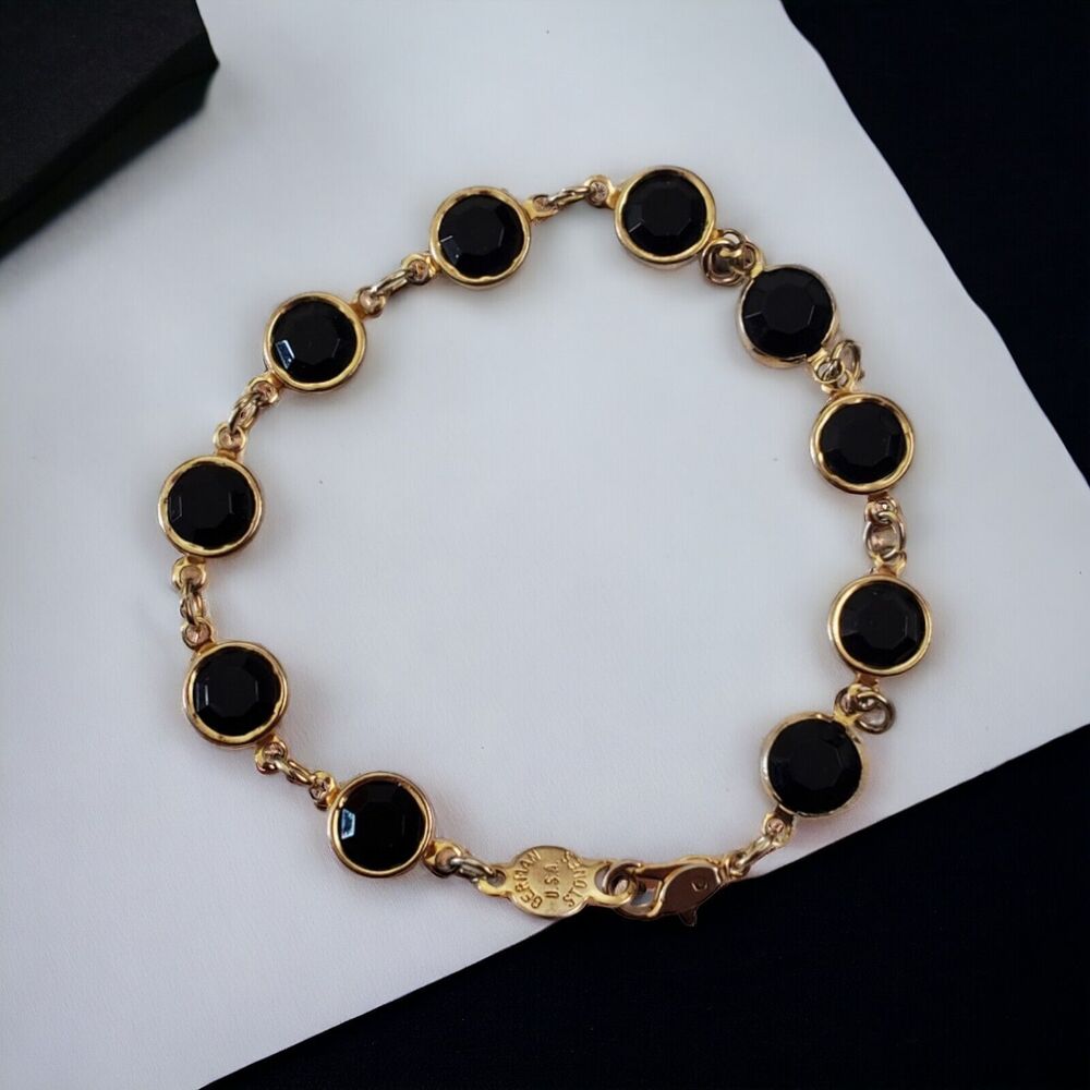 Vintage Statement Bracelet Austrian Black Crystals Made In USA Bezel 7" Wrist - Picture 2 of 5